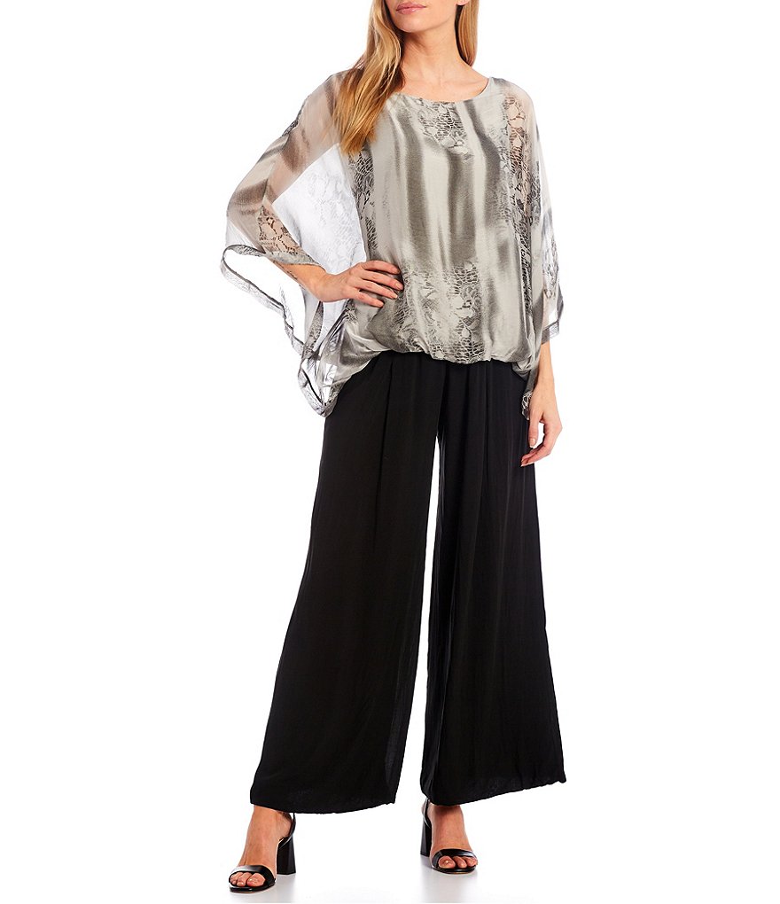 M Made in Italy Silk Blend Multi Combo Print 3/4 Sleeve Bubble Hem Poncho Top