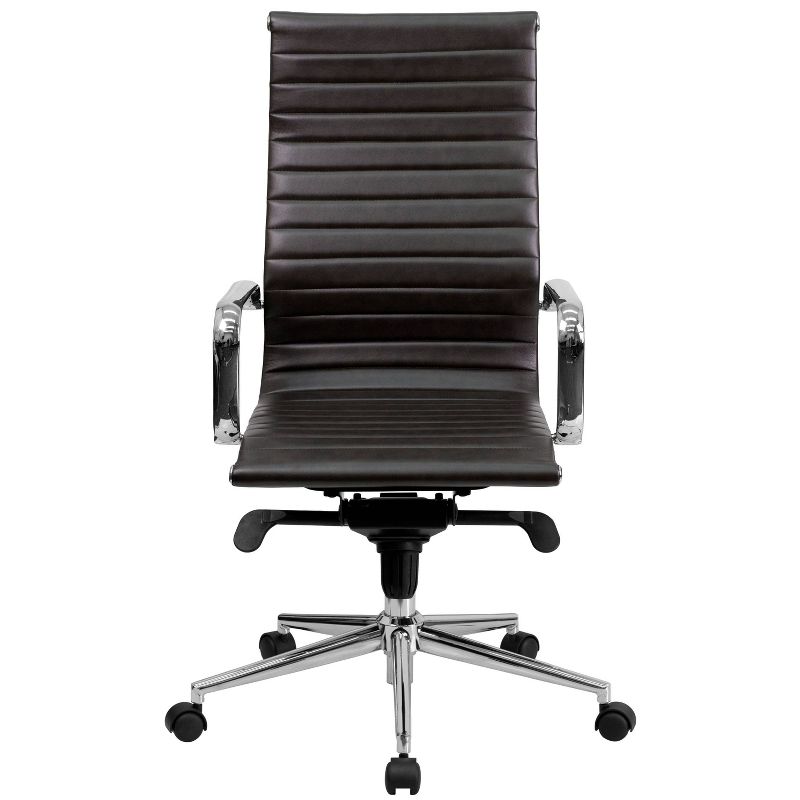 High Back Ribbed Leather Office Chair with Knee Tilt Control and Arms Brown Leather/Chrome Frame - Riverstone Furniture
