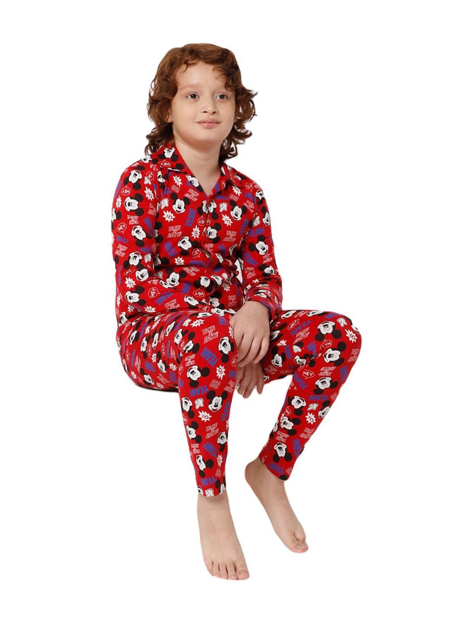 Proteens Boys Red Cotton Printed Full Sleeves Mickey Mouse Shirt set