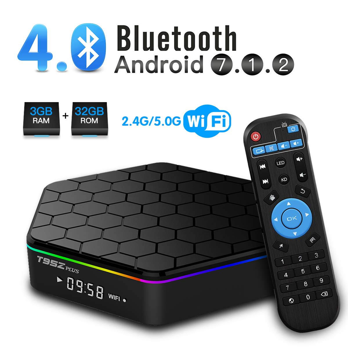 T95Z Plus Android TV Box 3GB RAM 32GB ROM, Android 7.1 TV Box Amlogic S912 Octa Core Dual 2.4/5.0 GHz WiFi Support 1000M LAN Ethernet 64Bit H.265 Bluetooth 4.0 UHD 4K HD TV Box