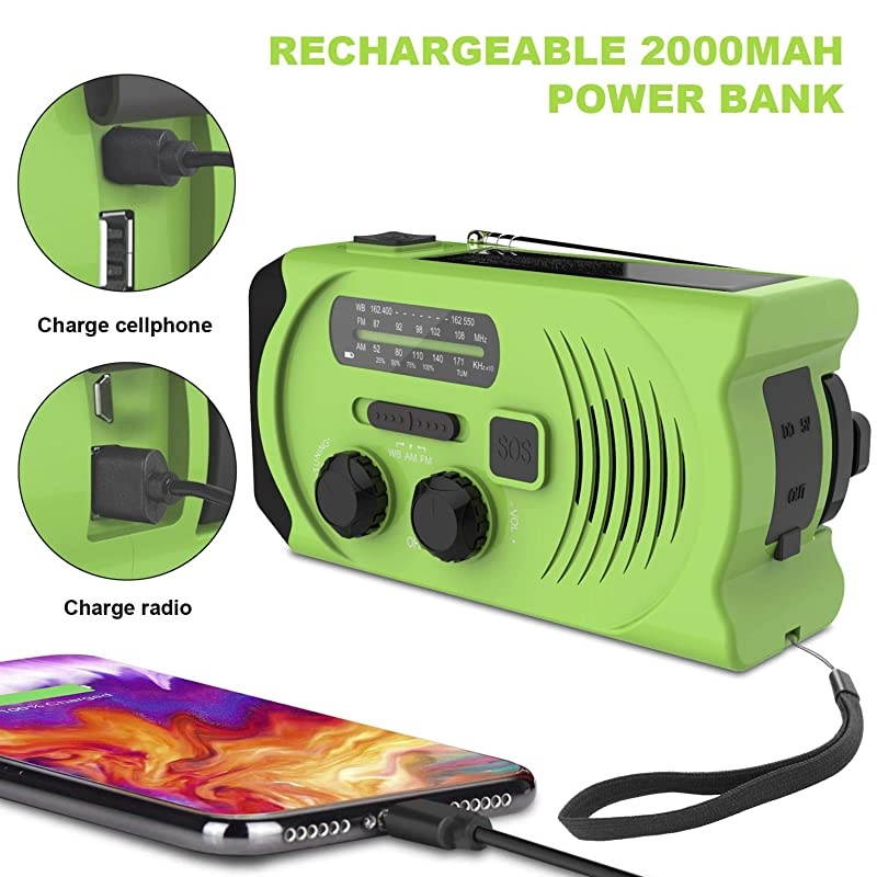 Emergency Solar Hand Crank Portable Radio NOAA Solar Hand Crank Portable Radio with MFM LED Flashlight Reading Lamp 2000mAh USB Power Bank