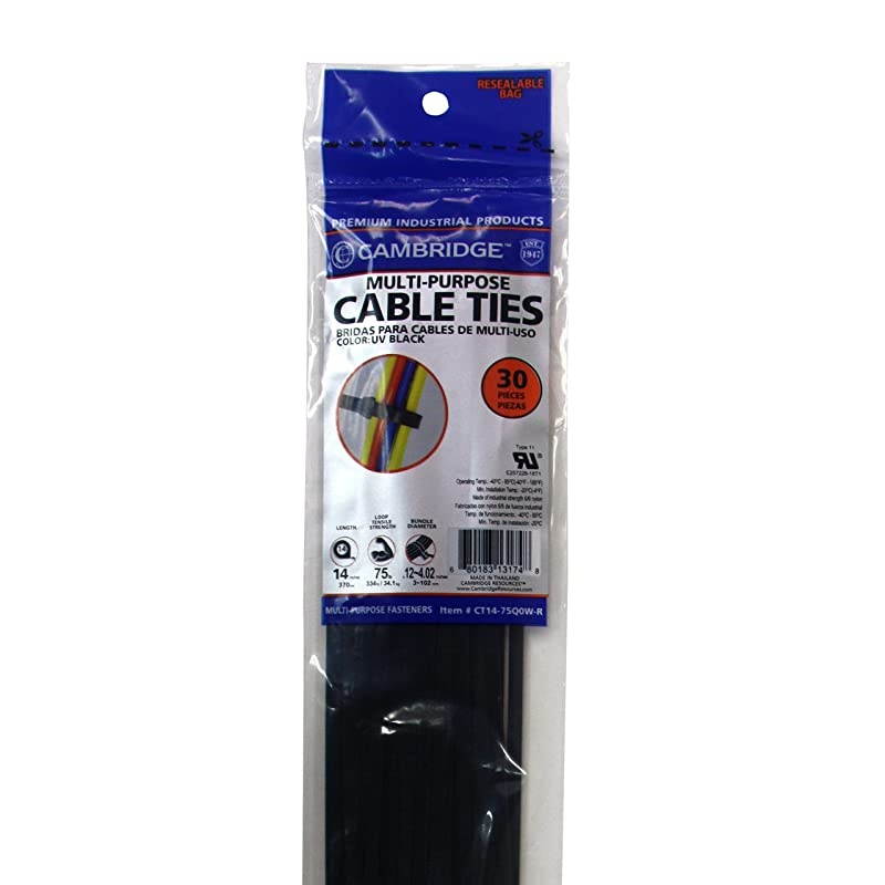 Cable Ties Zip Ties 14 Inch 75 Lb Standard Duty 30 Pieces UV Black UL Listed Contractor Quality Industrial Strength