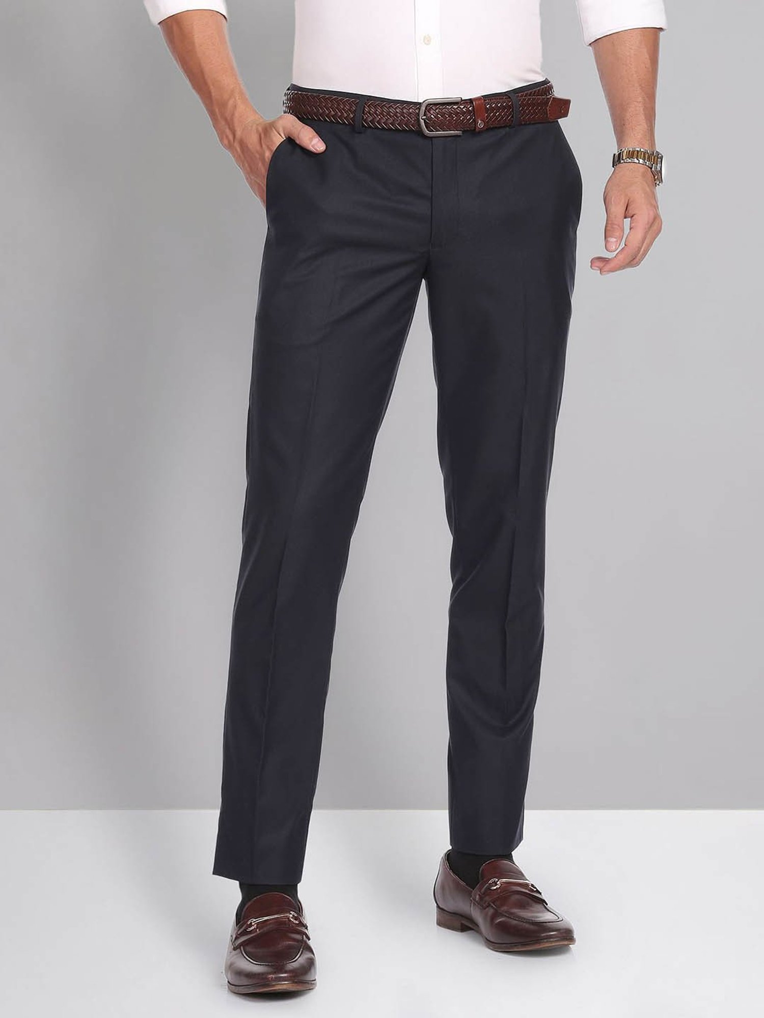 AD by Arvind Navy Slim Fit Flat Front Trousers