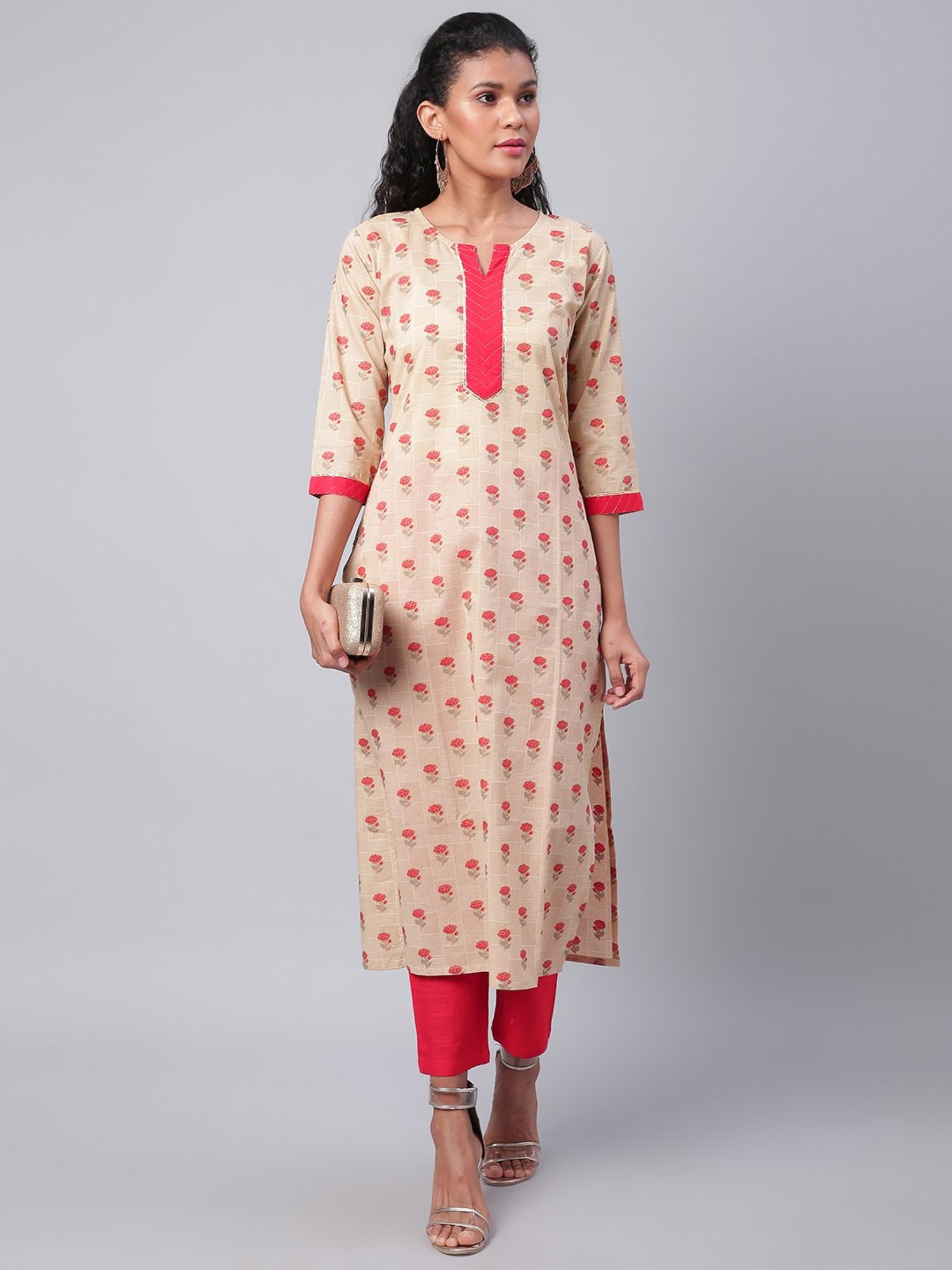 Sringam Beige & Pink Cotton Printed Kurta Pant Set