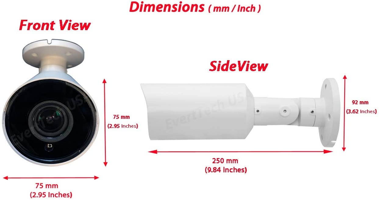 Evertech 1080p Outdoor Night Vision CCTV Security Camera HD TVI CVI AHD Indoor Weatherproof 2.8-12mm Manual Zoom Bullet White for CCTV Security Surveillance Systems