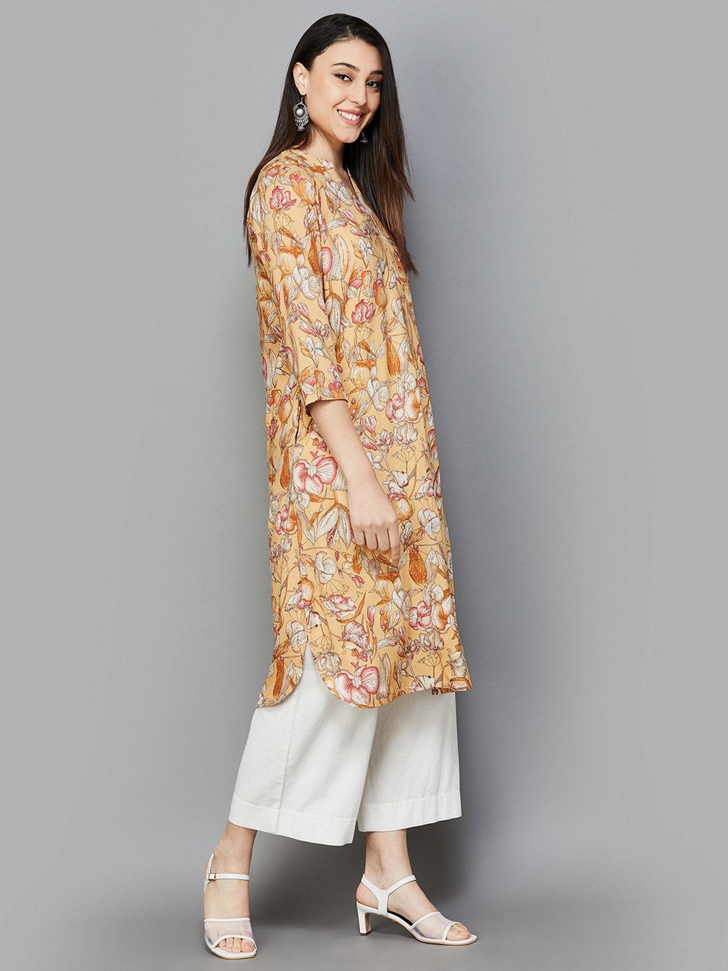 Melange by Lifestyle Mustard Rayon Floral Print Kurta
