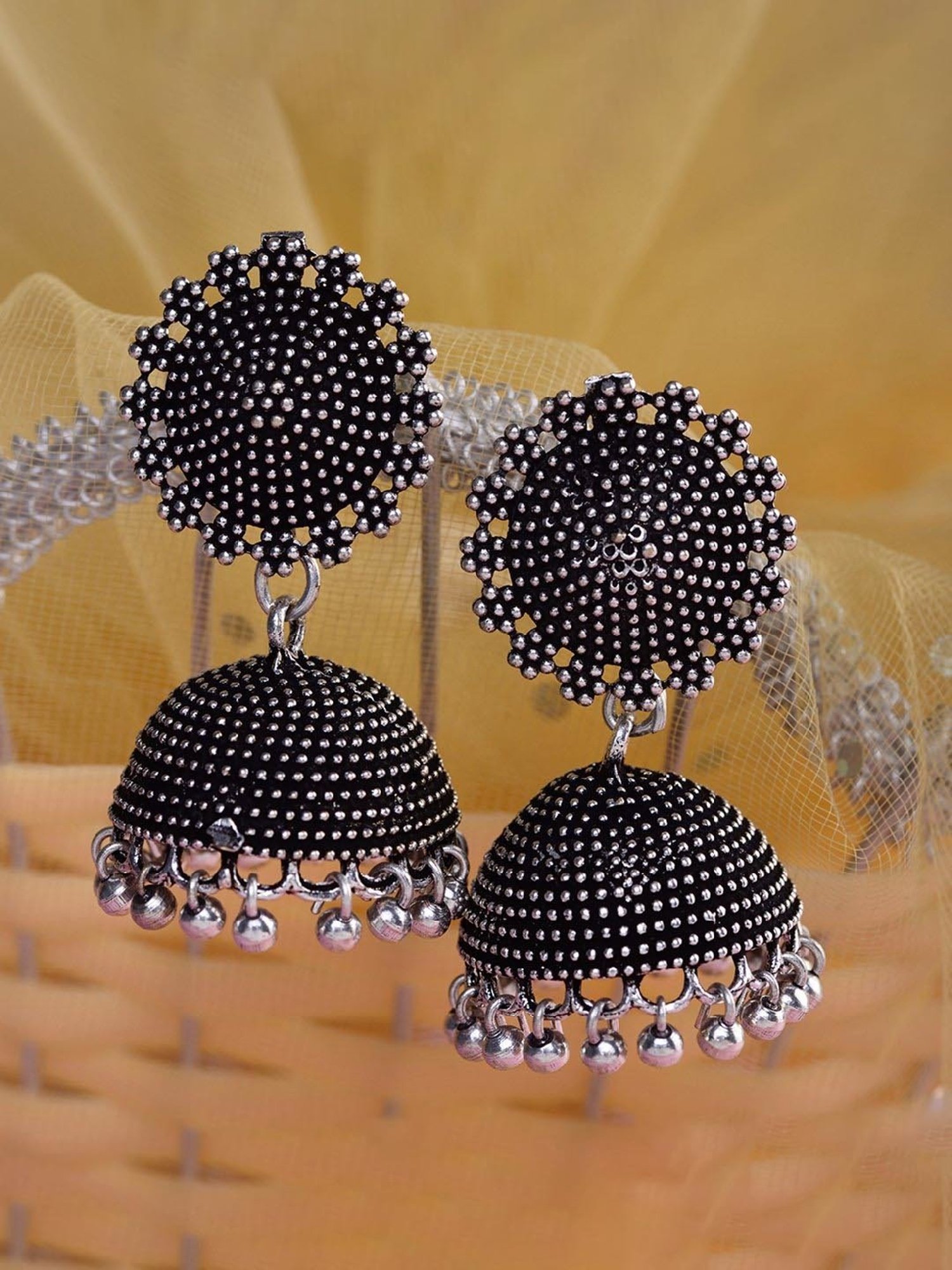 Saraf RS Jewellery Silver Toned Oxidised Jhumka Earring