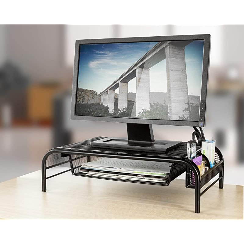 Monitor Stand Riser & Computer Desk Organizer Black Shelf - with Pull Out Drawer & Side Compartment - for Laptop, iMac, Screens, Keyboard & Printer Holder - Metal (Riser 1 Pack)