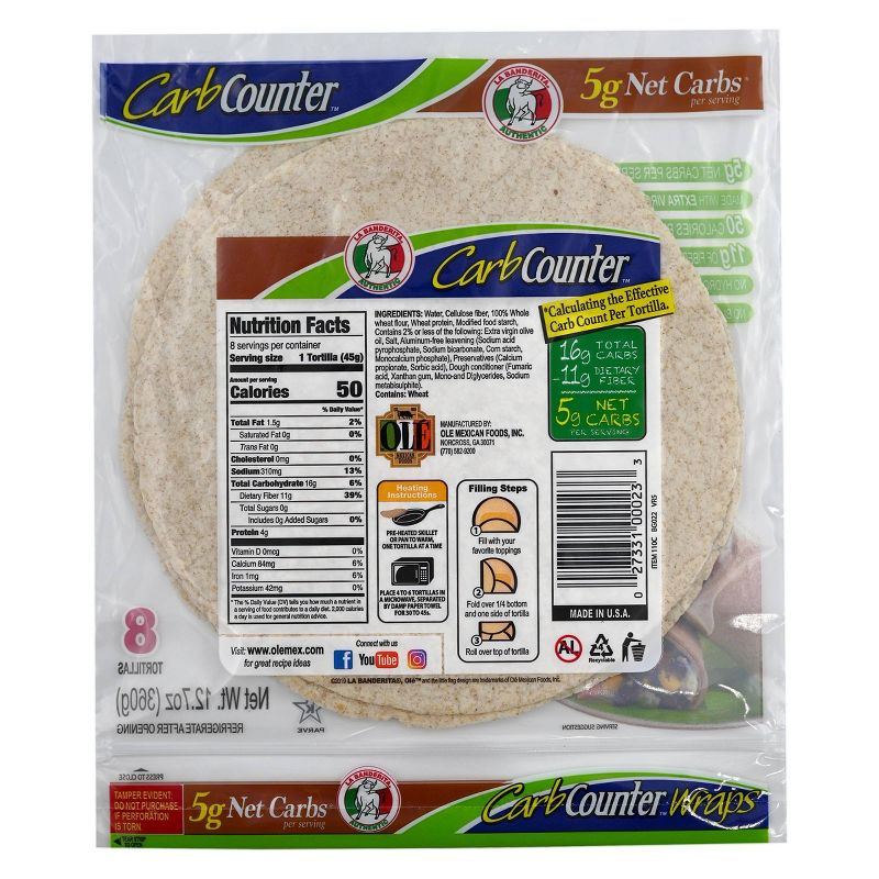 La Banderita Carb Counter Whole Wheat Wrap Tortillas - 12.7zo/8ct