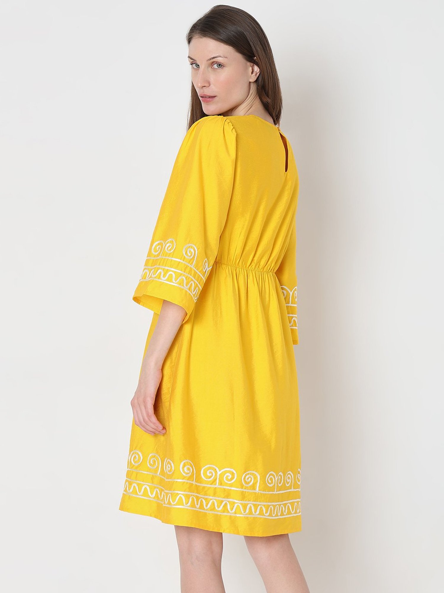 Vero Moda Yellow & White Printed A Line Dress