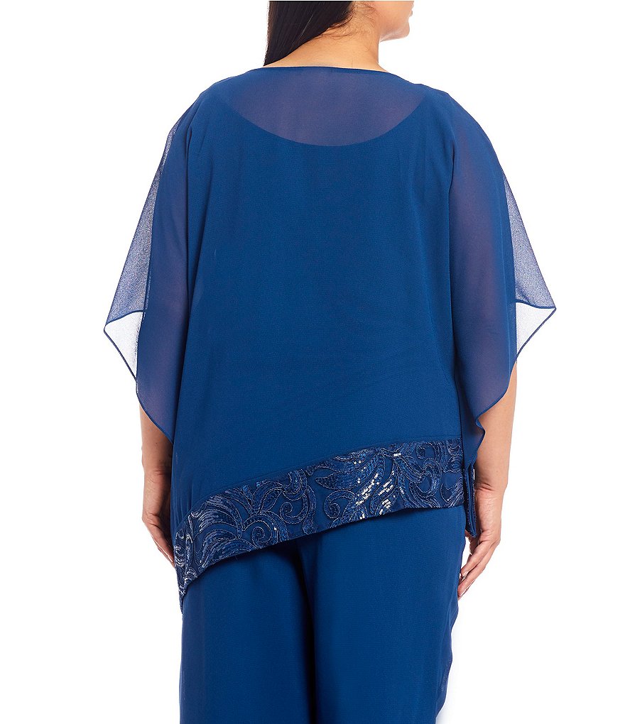 Le Bos Plus Size Round Neck 3/4 Sleeve Embroidered Trim Two-Piece Georgette Pant Set