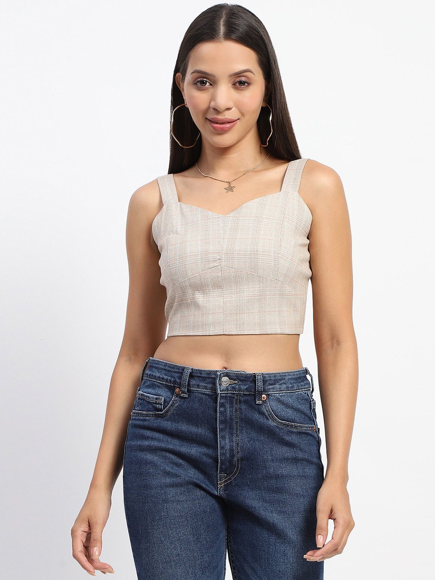 MADAME Beige Checkered Crop Top