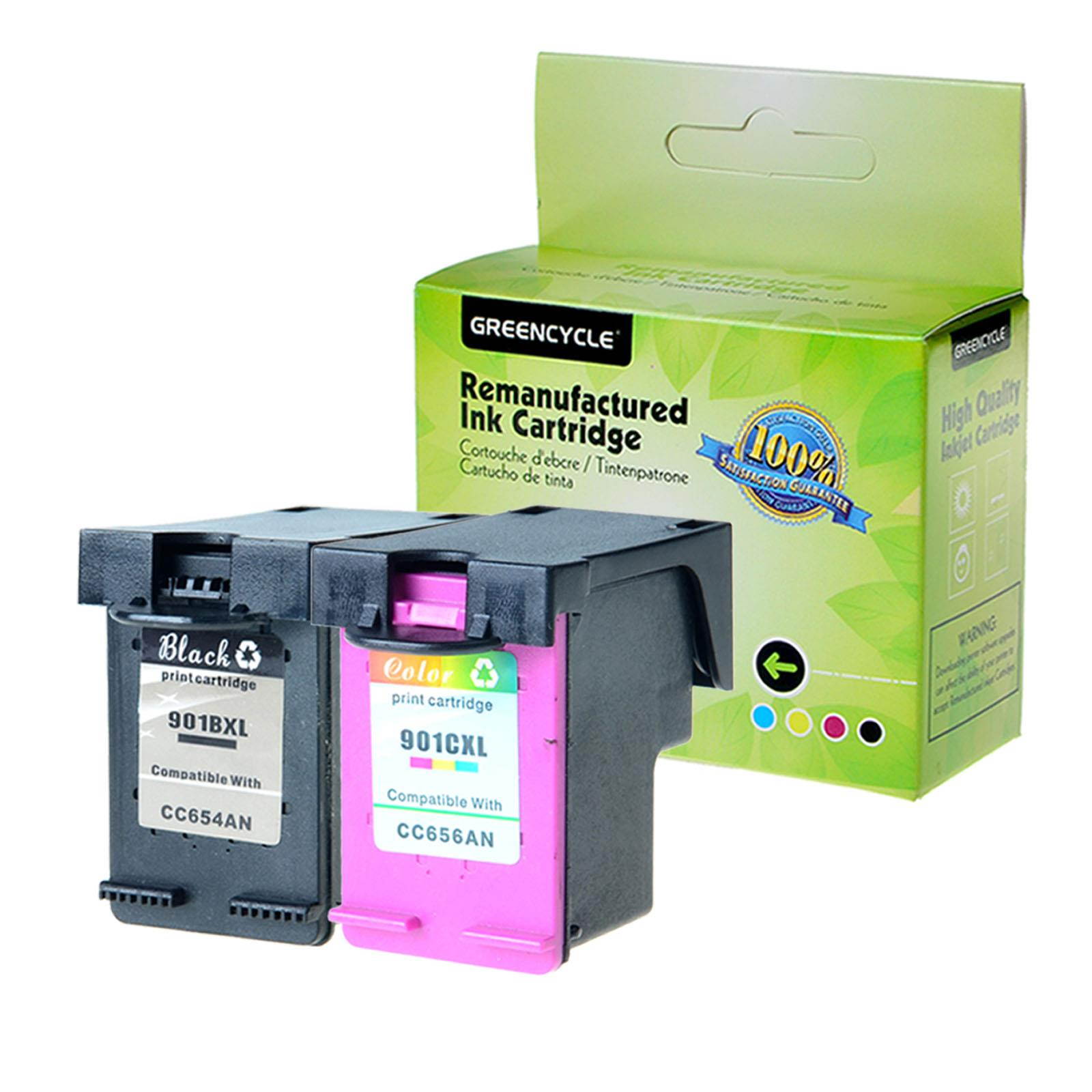 GREENCYCLE 2PK Refilled 901XL CC654AN CC656AN (1 Black,1 Color) High Yield Ink Cartridge for HP OfficeJet J4680 4500 Printer