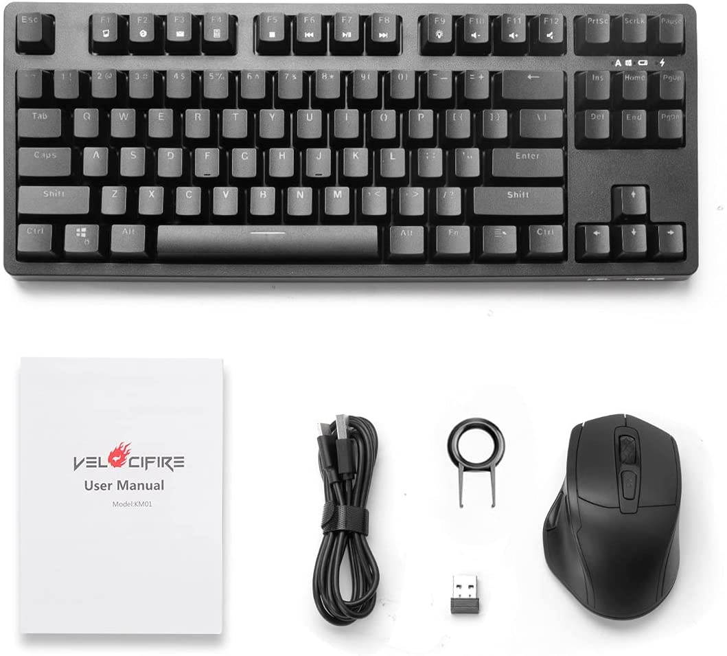Keyboard and Mouse Combo Wireless, Velocifire KM01 87 Key Wireless Mechanical Keyboard Brown Switch, Large Capacity Rechargeable Battery Design, Ice Blue Backlit, and Wireless Mouse Combo