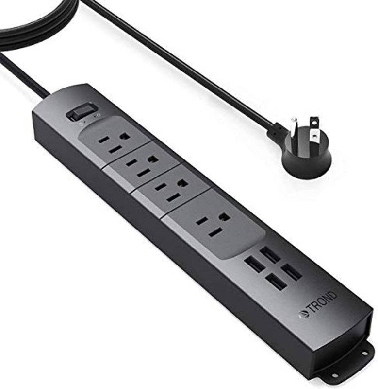 TROND Power Strip Surge Protector Flat Plug, 4 AC Outlets & 4 USB Ports, 6ft Long Extension Cord, Wall Mount for Workbench, Nightstand, Dresser, Home, Office, Desk, Black