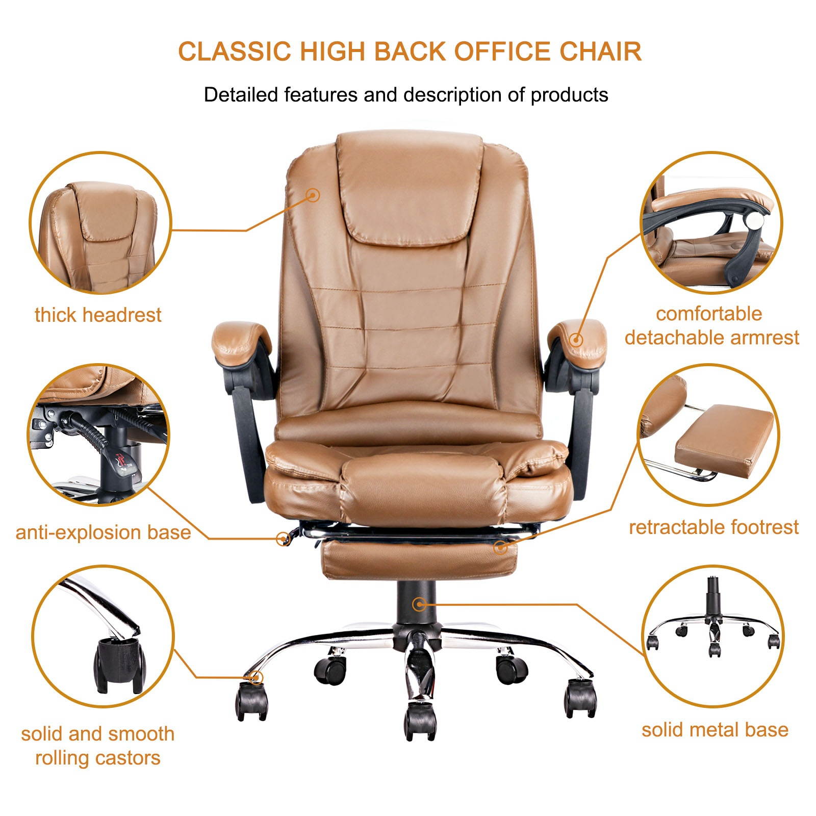 (Ship from US!!!)  High Back Office Swivel Chair, PU Leather Gaming Chair, Computer Chair, Desk Chair with Padded Armrests, Adjustable Height and Angle Ergonomic Task Chair with Lumbar Support