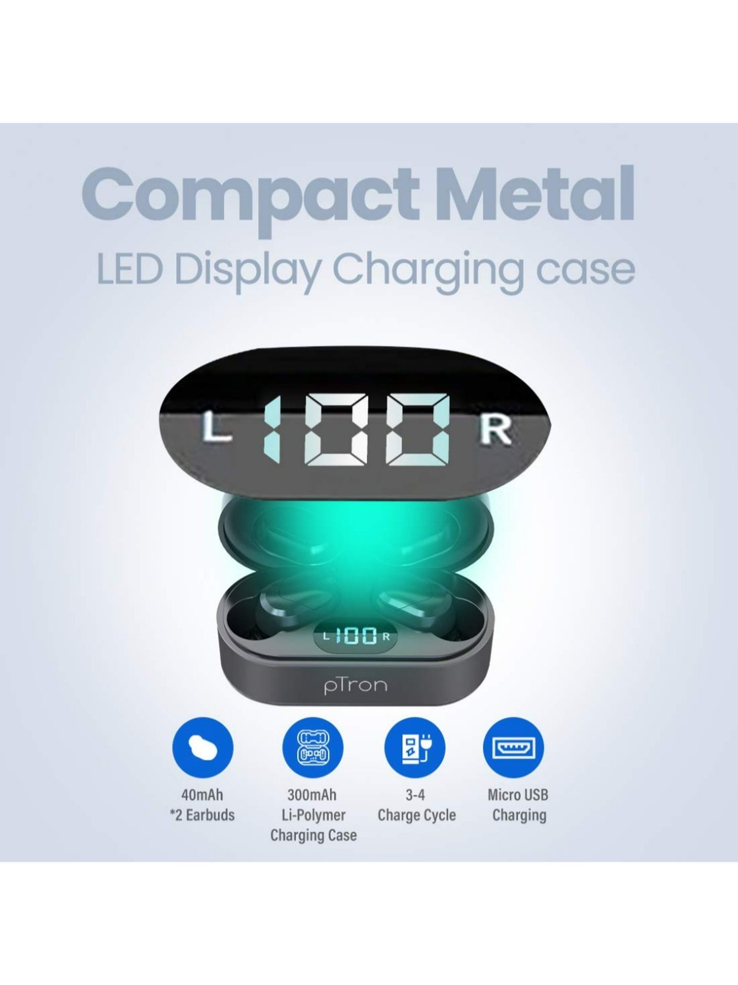 PTron Bassbuds Plus True Wireless Bluetooth 5.0 in Ear Earbuds, Digital Display & with Mic (Black)