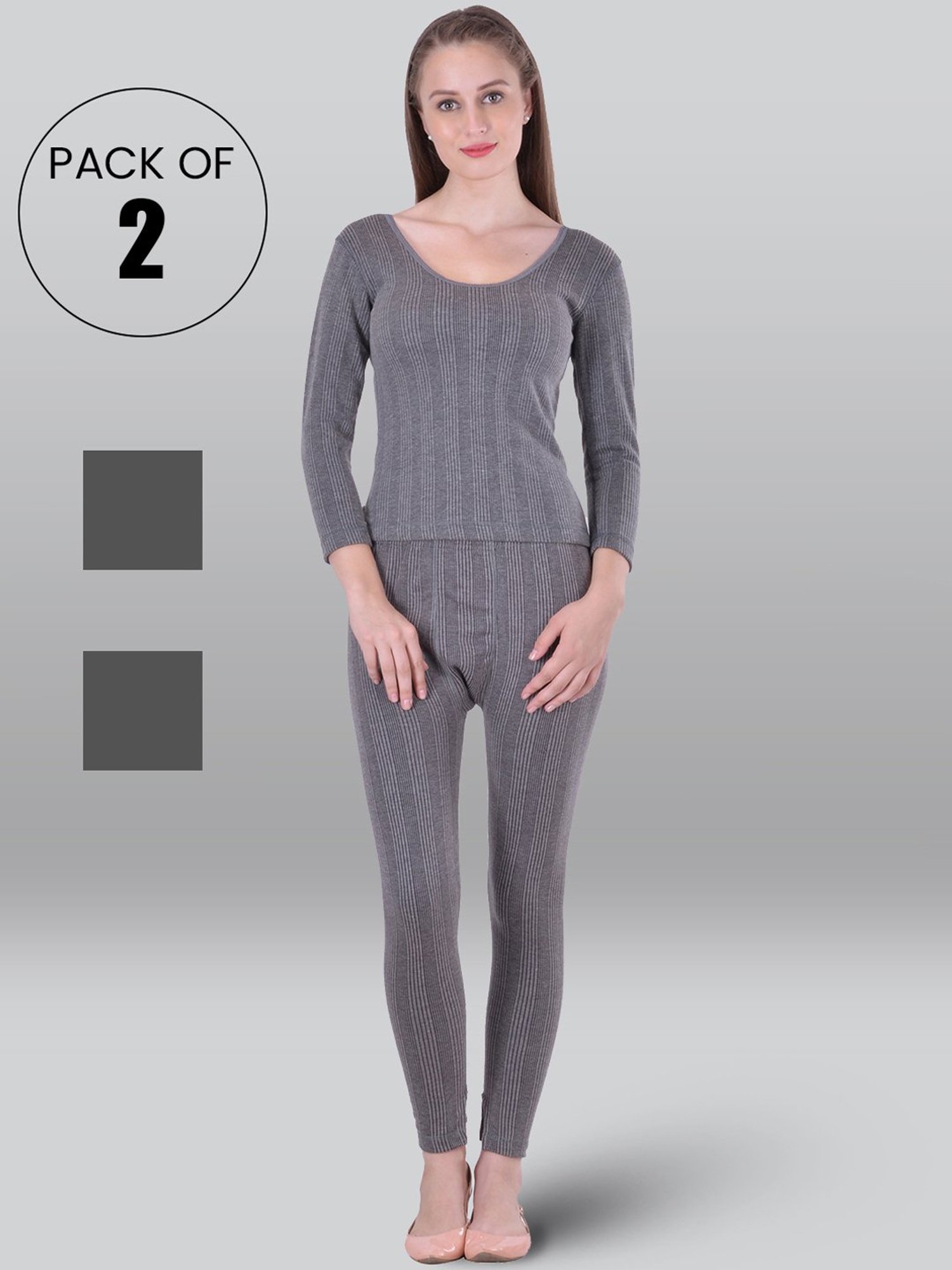LUX Inferno Grey Striped Thermal Top Leggings Set - Pack Of 2