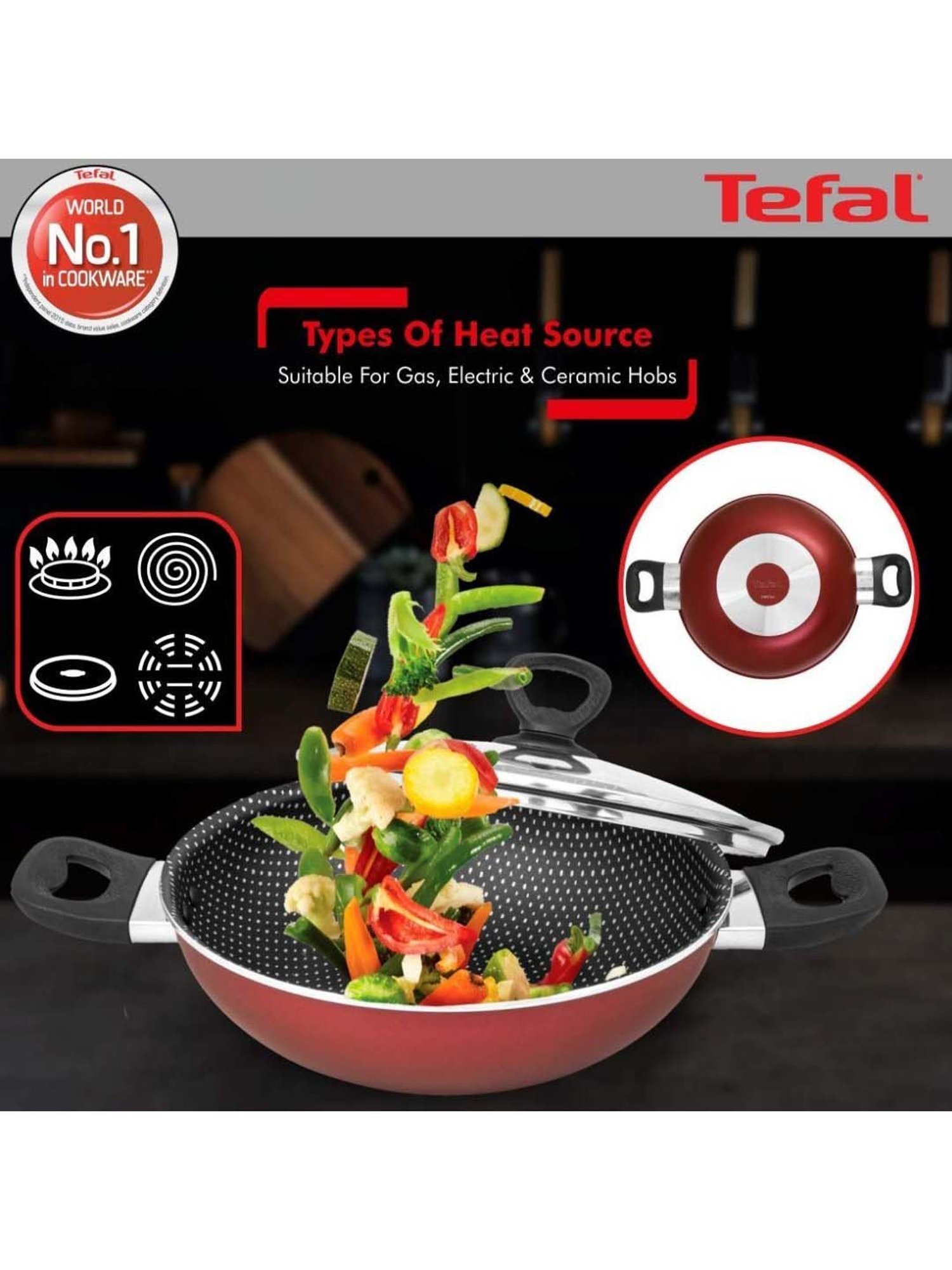 Tefal Simply Chef Red Aluminium 20 cm Rio Non-Stick Kadhai With Lid (1.96 L)