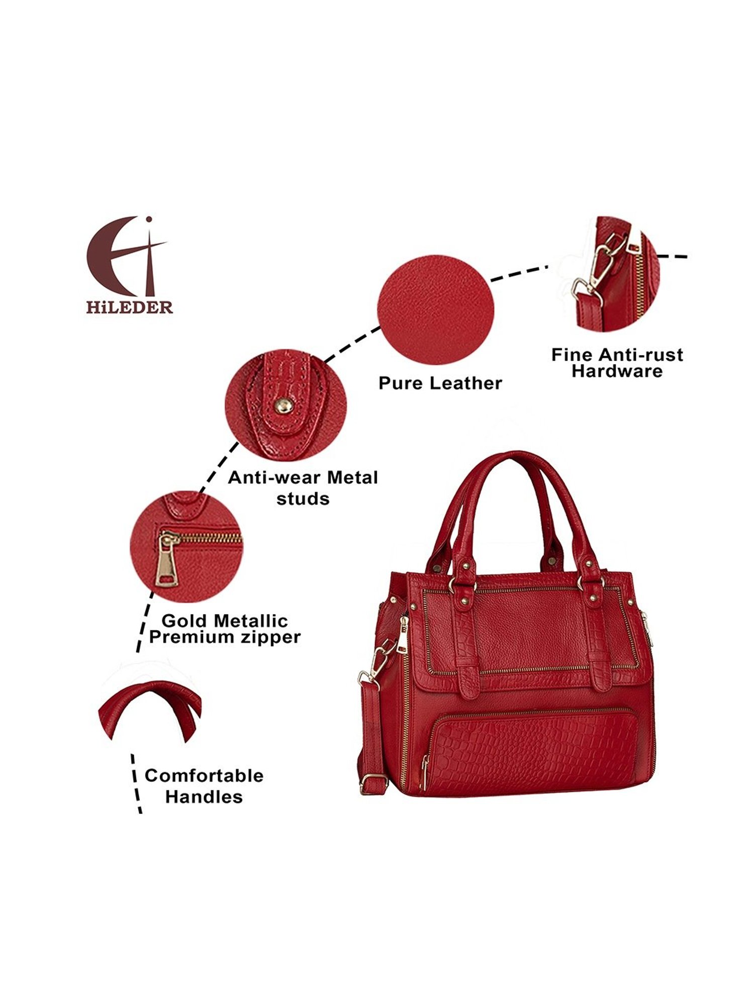 HiLEDER Red Solid Medium Satchel Handbag