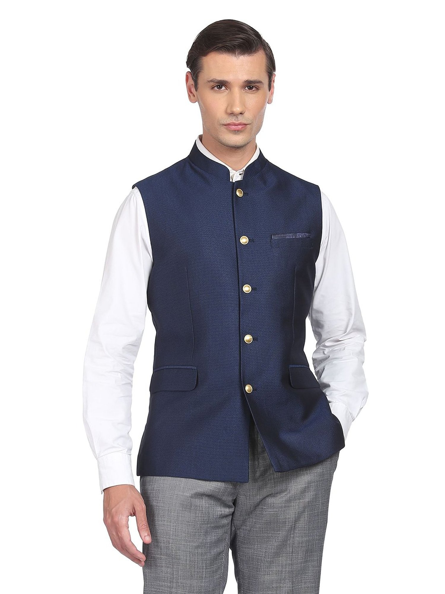 AD by Arvind Navy Mandarin Collar Nehru Jacket