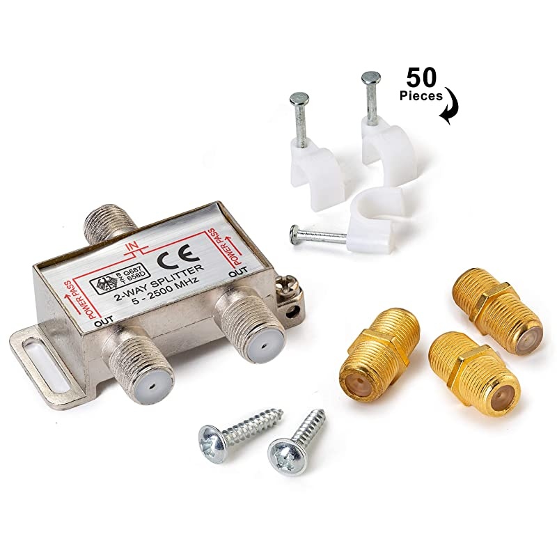 Cable RG6 (75feet, White) Quad Shield Straight Male F-Type Connector with 2 Way Splitter, Couplers, Nail Cable Clips