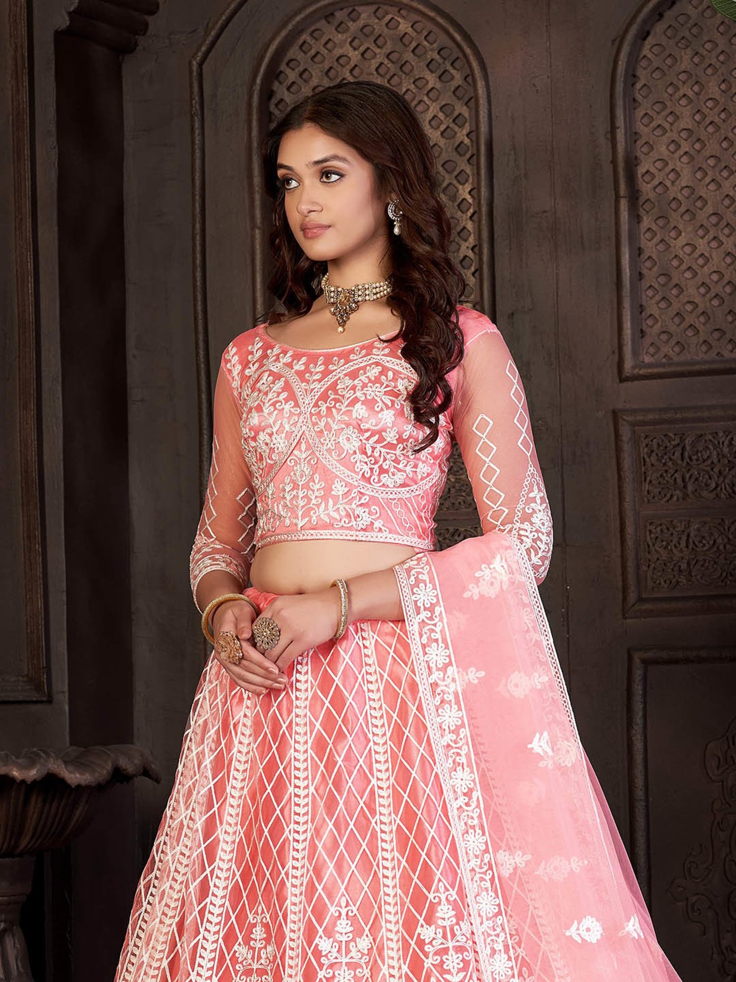 Warthy Ent Peach Embroidered Lehenga Choli Set With Dupatta