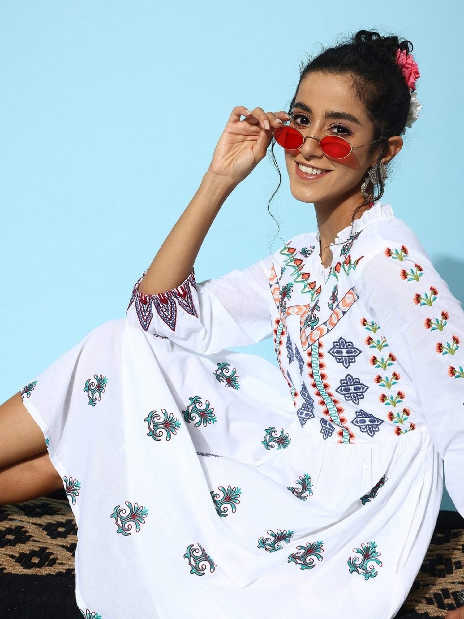 Saffron Threads Black Cotton Floral Print Ethnic Dress