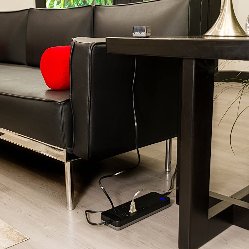Black Power Strip Sur Protector Charr 8 Outlets 2 USB Ports Fast Char Flat Plug Long Cord 4ft 37231 4 ft