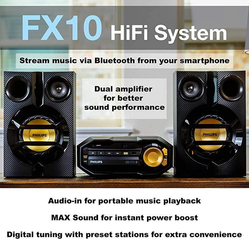 FX10 Bluetooth Stereo System for Home with CD Player , MP3, USB, FM Radio, Bass Reflex Speaker, 230 W, Remote Control Included