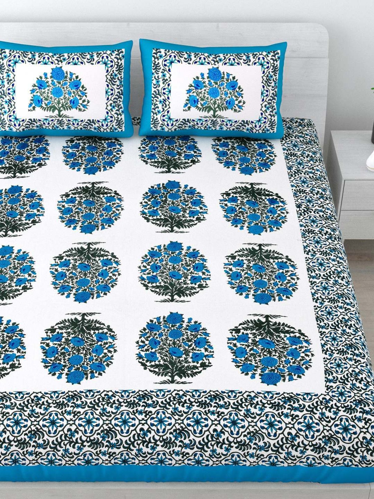 Living Roots Jaipuri White & Blue 210 TC Cotton Queen Bed Sheet with 2 Pillow Covers