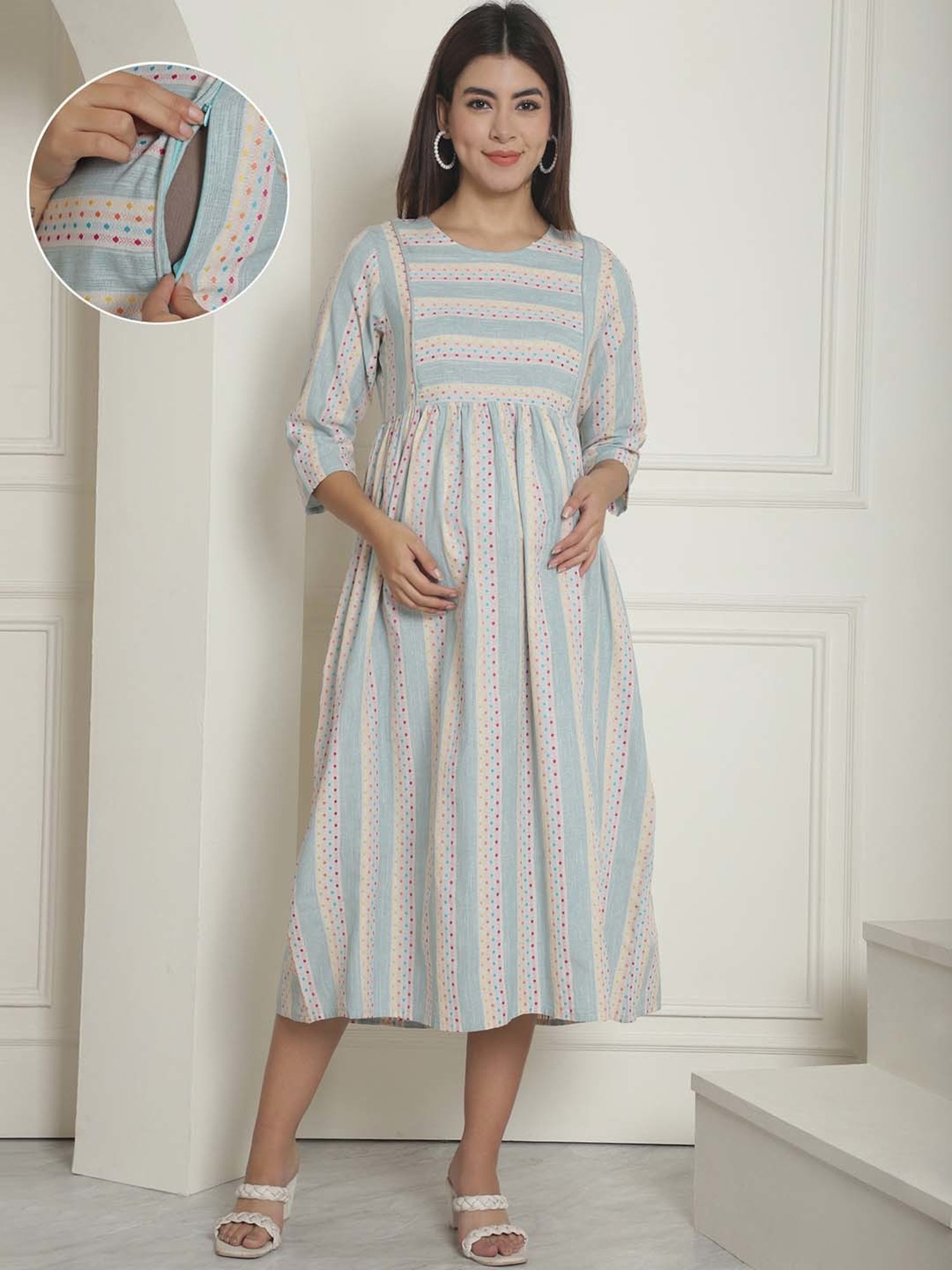 Moms Maternity Green Self Design Maternity Midi Dress