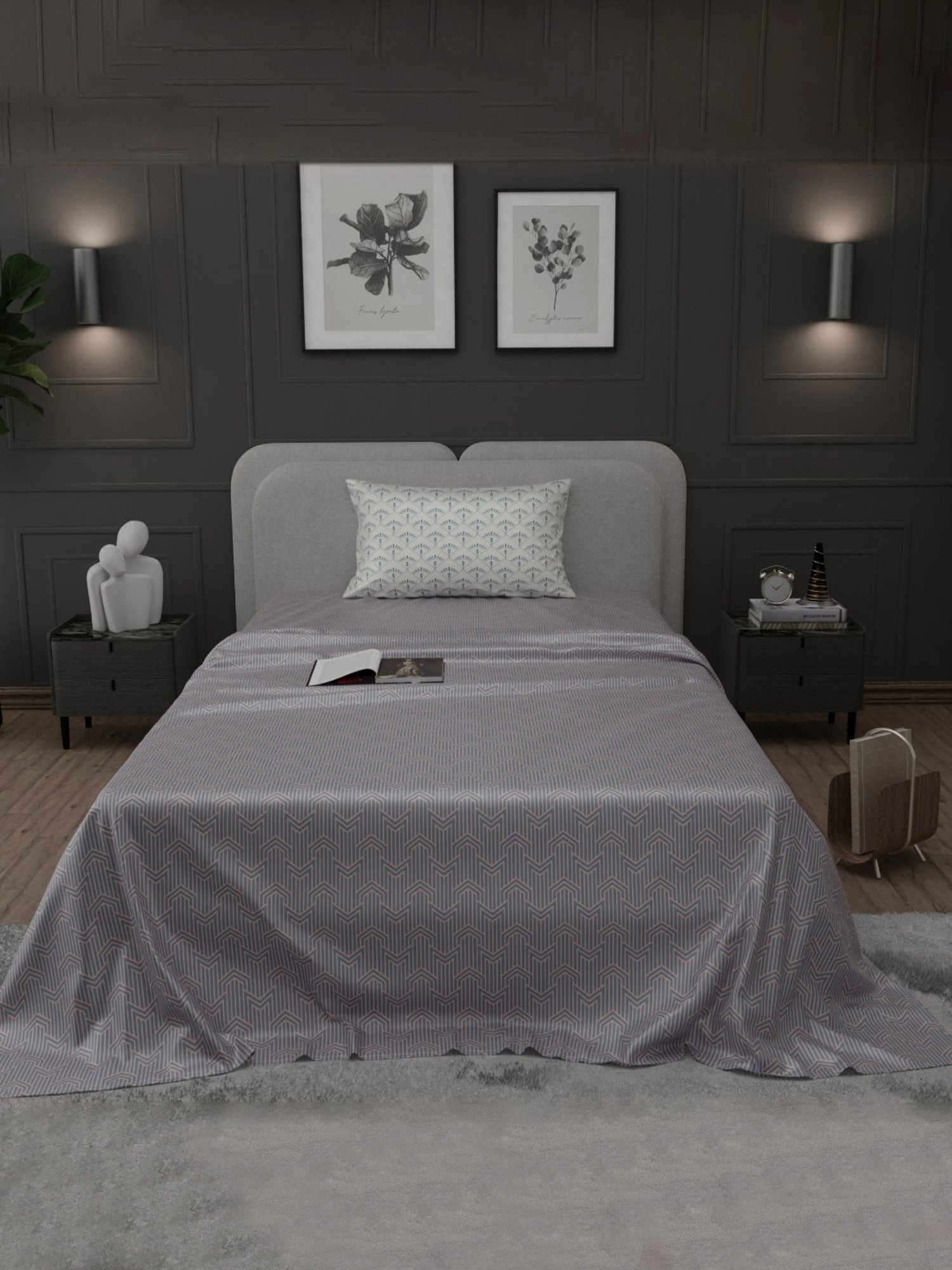 Stoa Paris Elegance Grey Polyester 300 TC Sateen Single Size Bed Sheet With 1 Pillow Cover