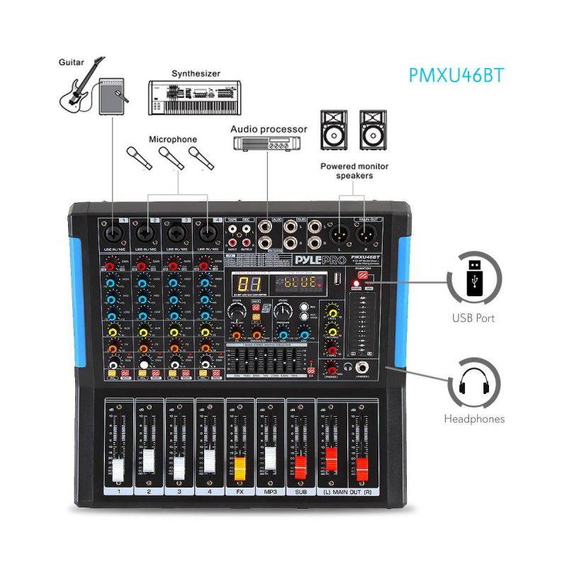 4channel bluetooth studio audio mixer  dj sound controller interface with usb drive for pc recording input, xlr microphone jack, 48v power, input/output for professional and beginners  pmxu46bt