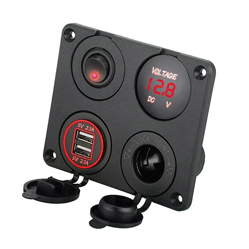4 in 1 Charger Socket Panel 12V 42A Dual USB Charger Socket Power Outlet amp LED Voltmeter amp Cigarette Lighter Socket amp Red LED Lighted ON Off Rocker Toggle Switch for Car Marine Boat Truck