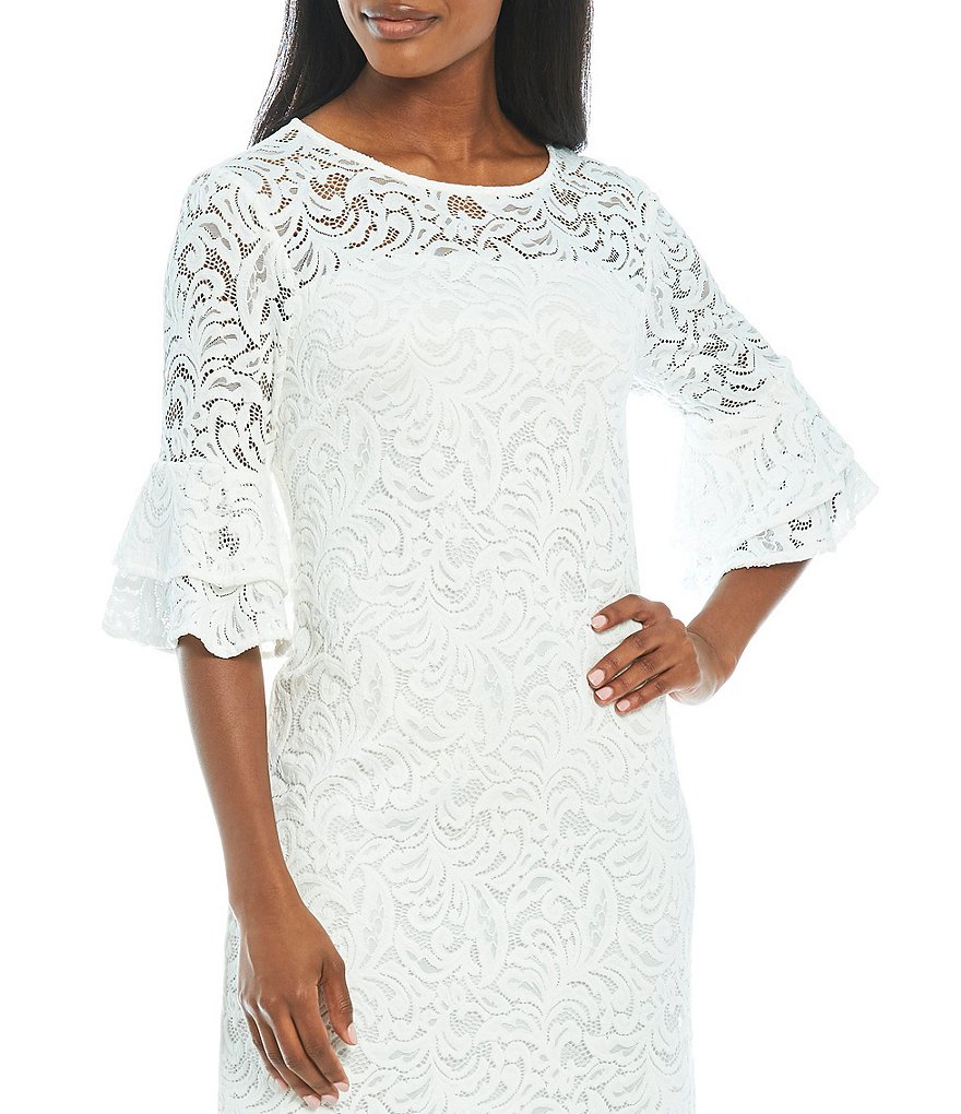 Leslie Fay 3/4 Bell Sleeve Illusion Neck Lace Sheath Dress