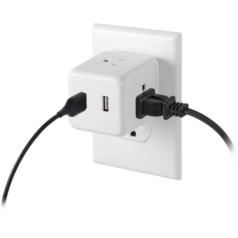 Power Gear 3-Outlet Grounded Cube Tap with 2 USB Ports 2.4A Surge 245J White