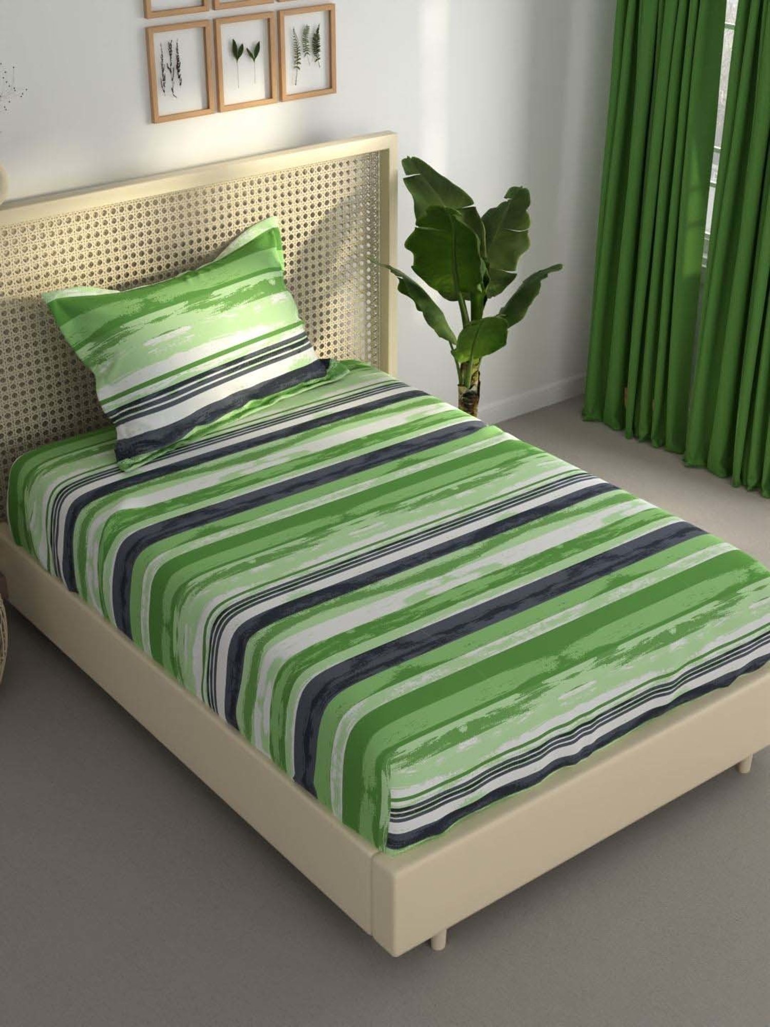 BIANCA Estonia Lime & Green Cotton 116 TC 115 GSM Single Size Bedsheet With Pillow Cover