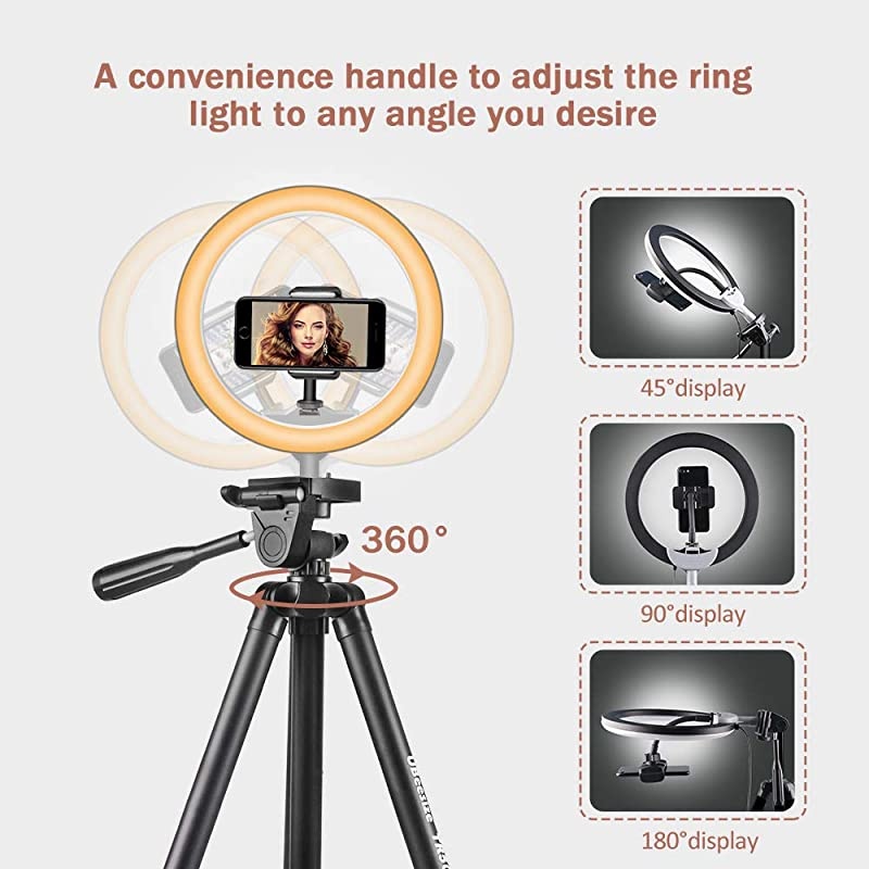 10" Selfie Ring Light with 50" Extendable Tripod Stand & Phone Holder for Live Stream/Makeup, Mini Desktop Led Camera Ringlight for YouTube Video, Compatible with iPhone/Android