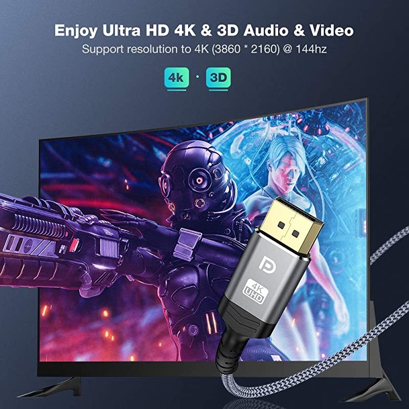 DisplayPort Cable, 3.3ft DP Cable 4K Nylon Braided -(4K@60Hz, 2K@144Hz) Ultra High Speed DisplayPort to DisplayPort Cable or Laptop PC TV etc- Gaming Monitor Cable (Grey)