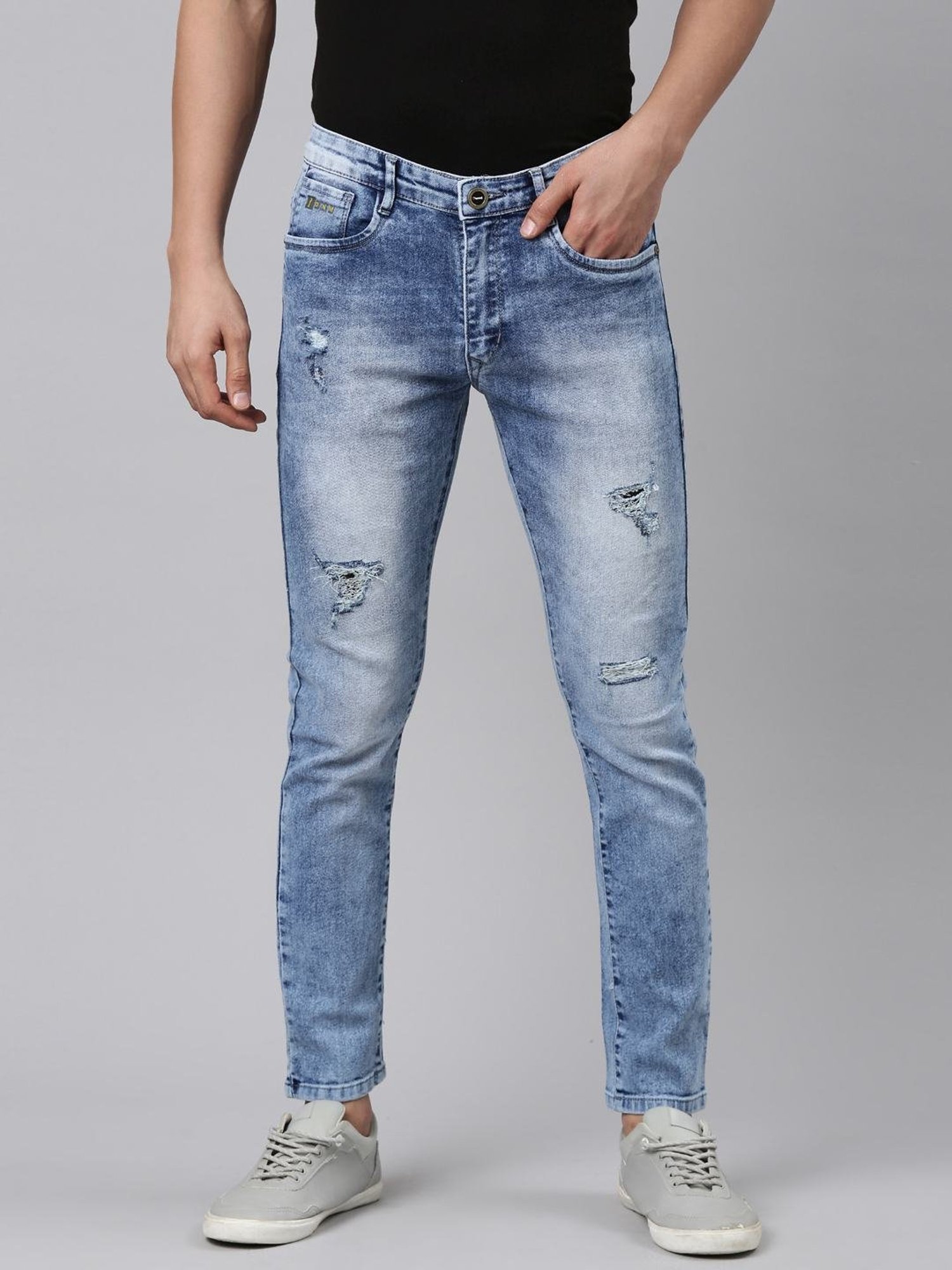 CINOCCI Light Blue Cotton Slim Fit Distressed Jeans