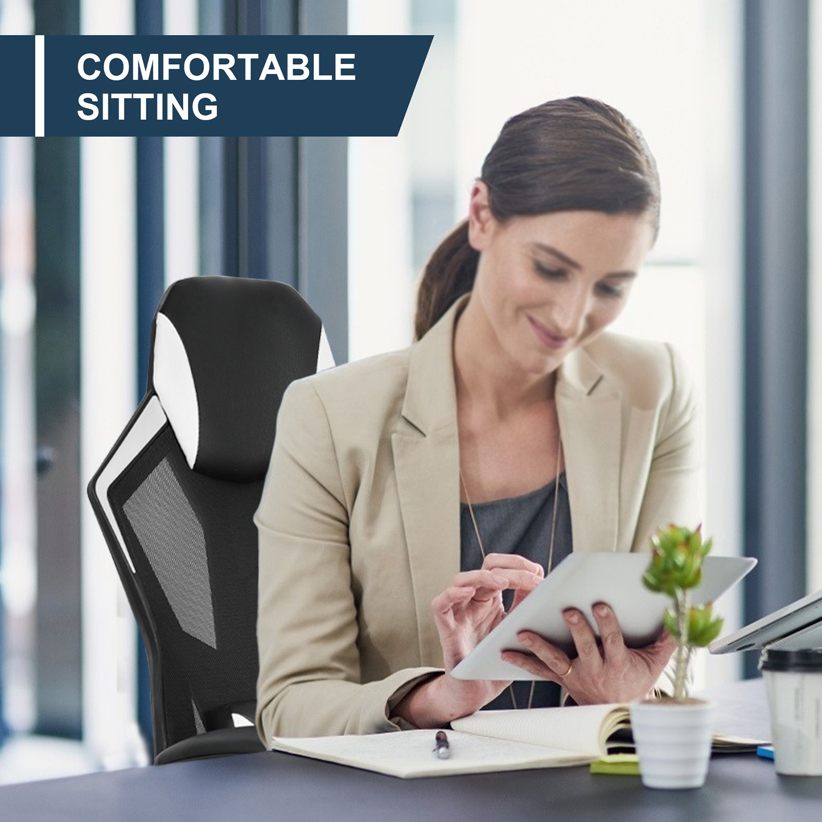 YOUTHUP Office Chair Functional Ergonomic Leather Gaming Chair Swivel Rolling Computer Desk Chair with Lumbar Support,Black and Grey