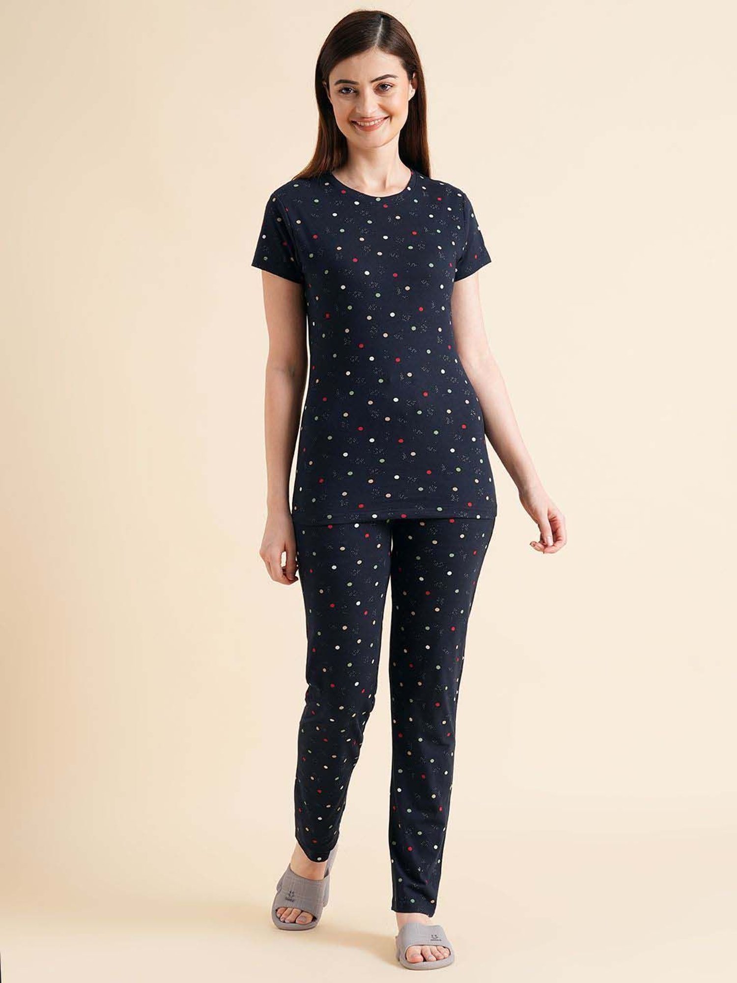 Sweet Dreams Navy Cotton Printed T-Shirt Pyjama Set