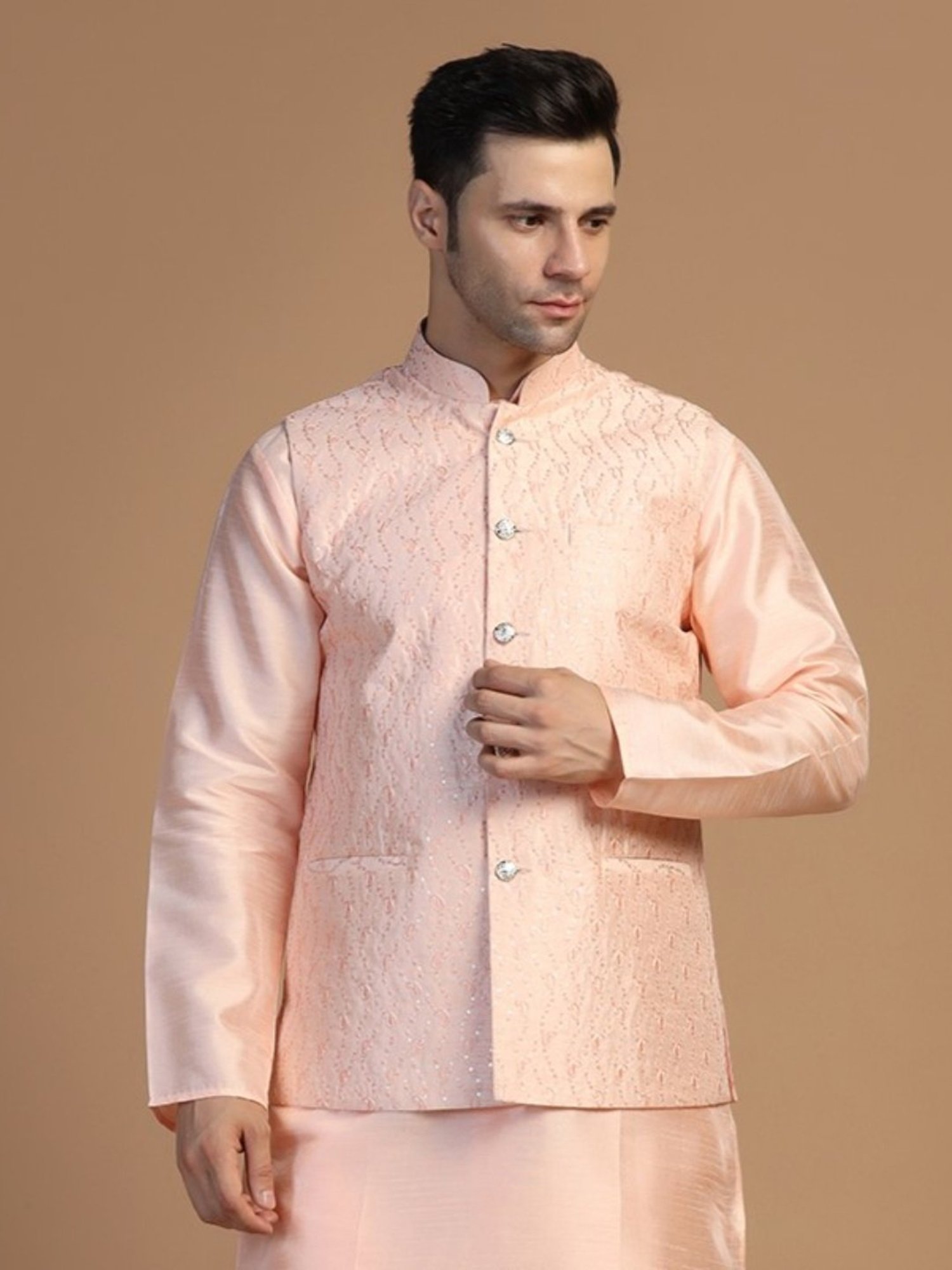 TAHVO Peach Regular Fit Embroidered Nehru Jacket