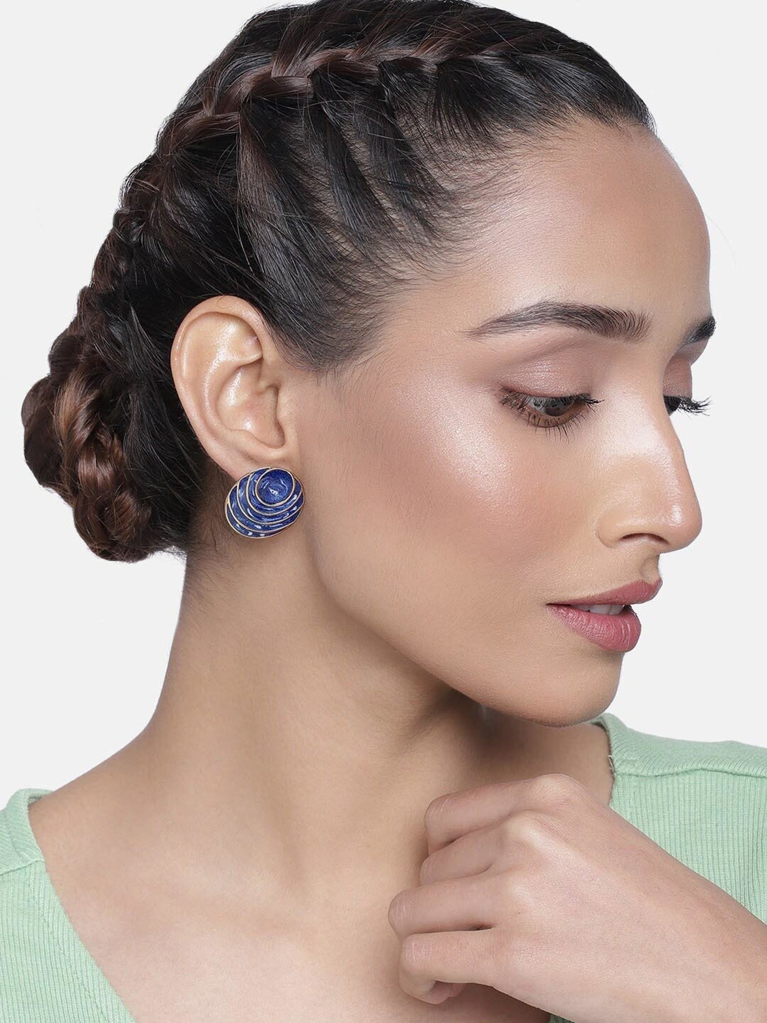 Estele Gold-Plated Round Stud Combo Earrings with Blue & Green Enamel for Girls/Women - Pack of 2