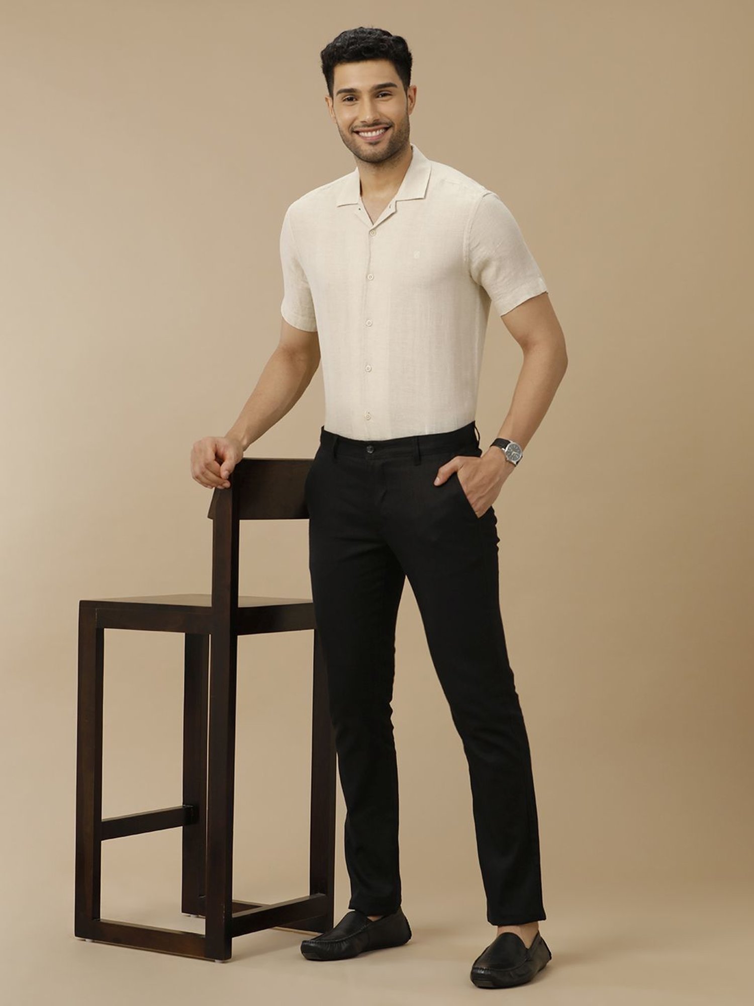 Linen Club Beige Linen Contemporary Fit Texture Shirt