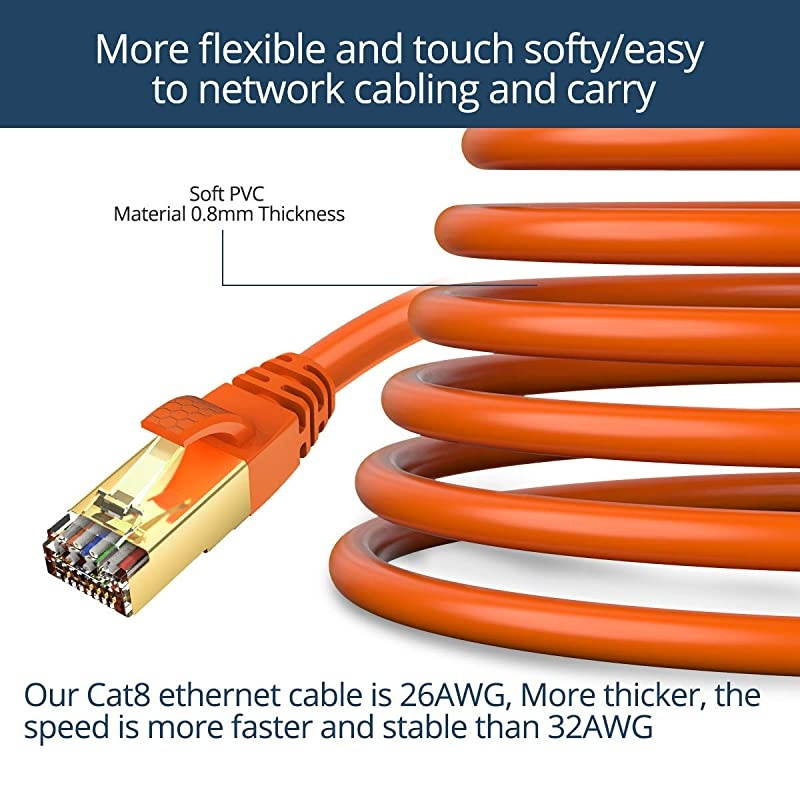 50FT CAT8 Ethernet Cable  40Gbps 2000Mhz High Speed Gigabit SFTP LAN Network Internet Cables with RJ45 Gold Plated Connector for Router, Modem, Gaming, Xbox(1 Pack,Orange)