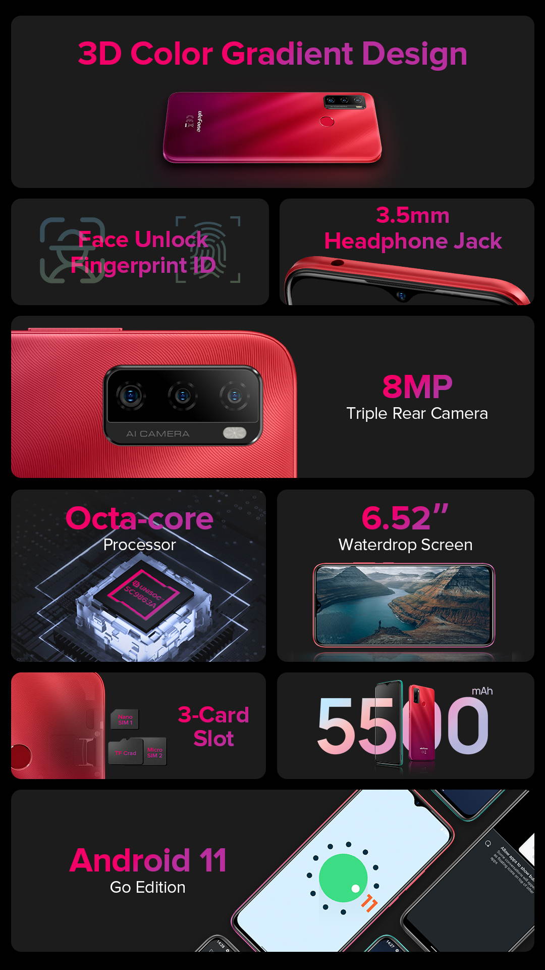 Ulefone Note 10 Unlocked Phones, Android 11 2GB + 32GB ROM, 8MP Four Rear Camera + 8MP Front Camera, 6.52" HD+ Screen 5500mAh Big Battery Dual 4G Unlocked Smartphone