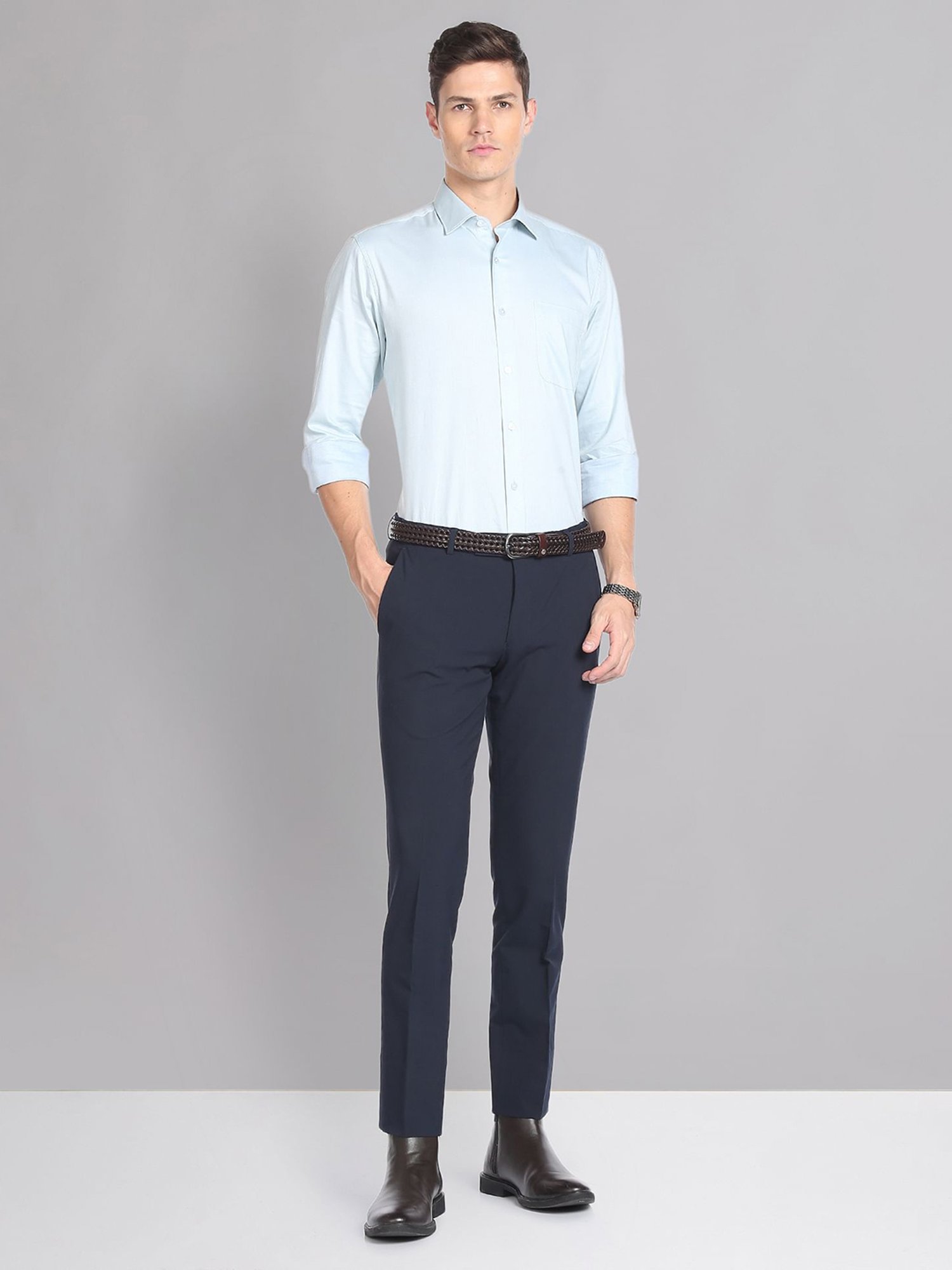 AD by Arvind Navy Slim Fit Flat Front Trousers