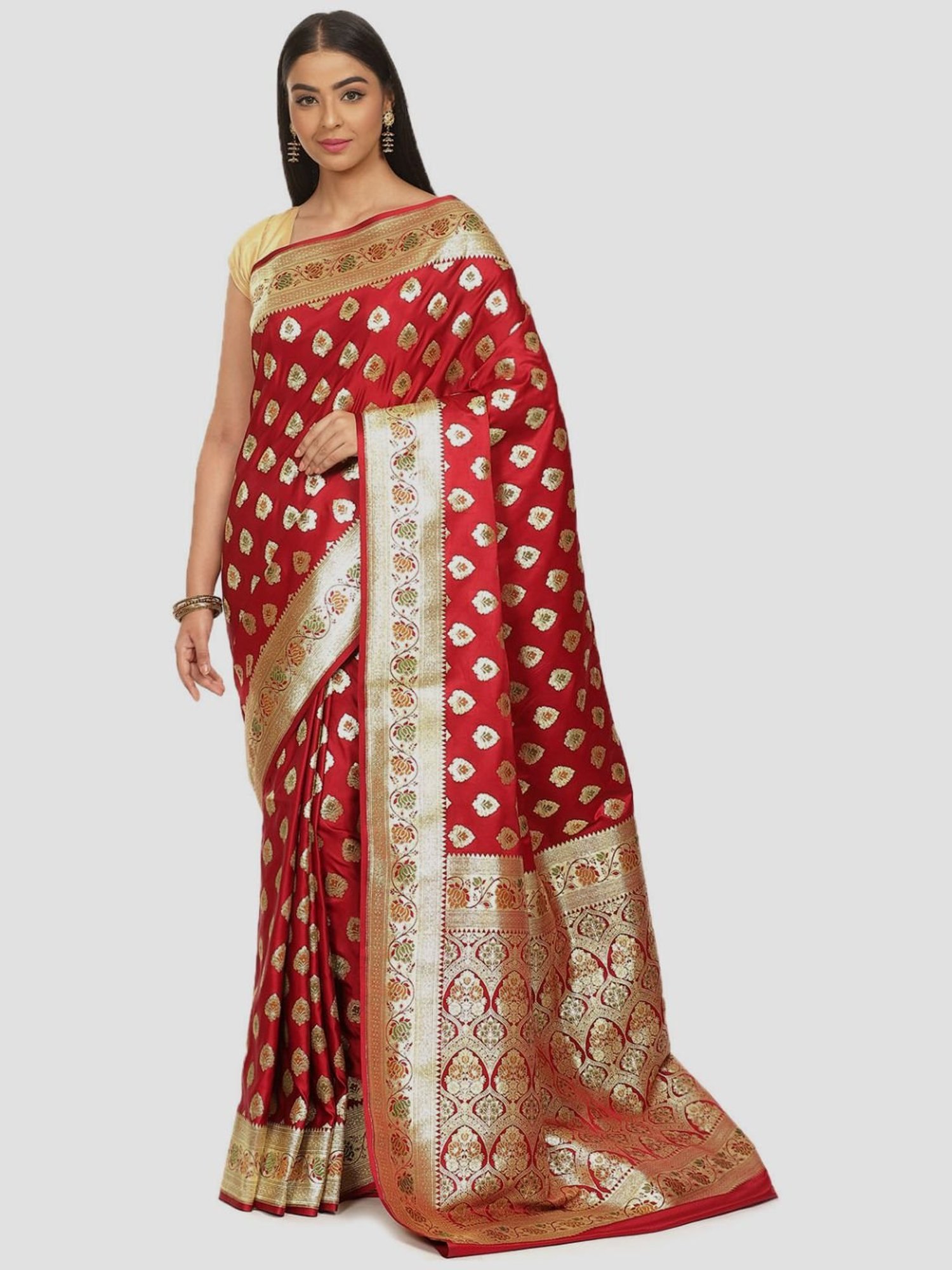 Banarasi Silk Works Maroon Woven Saree With Unstitched Blouse